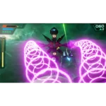Sci-fi spacecraft firing vibrant pink energy coils from its wings in a green nebula battle scene, HUD elements visible at the screen edges.