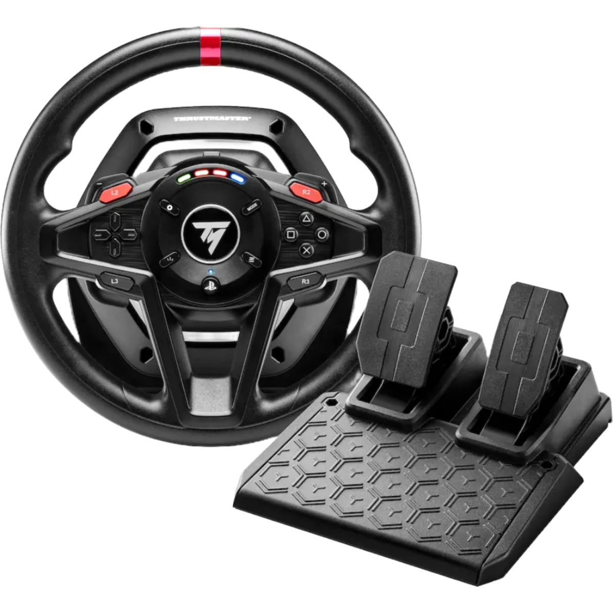 Racing wheel controller with pedals designed for driving simulation games on a console or PC, featuring L2/R2 buttons and a textured pedal stand