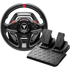 Racing wheel controller with pedals designed for driving simulation games on a console or PC, featuring L2/R2 buttons and a textured pedal stand