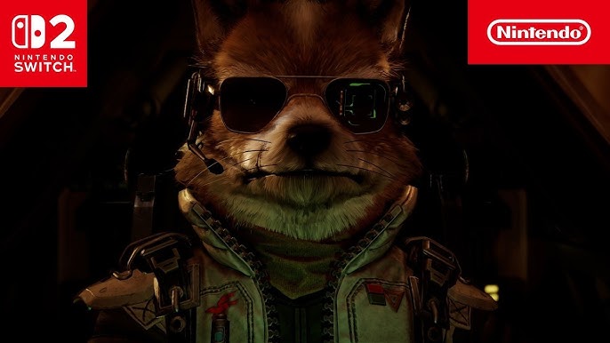 Anthropomorphic rabbit pilot wearing a flight suit, headset, and sunglasses in a dark cockpit, with Nintendo Switch logos in the corners.
