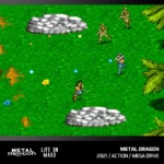 0042-METAL-DRAGON-LOM7 - Video Game Depot Retro 16-bit action scene: three soldiers in a jungle clearing, guns firing near stone cover amid bright green grass and palm trees.