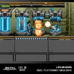 0042-METAL-DRAGON-LOM8 - Video Game Depot Retro 2D platformer screenshot: a blue armored character shoots at enemies as an orange explosion blocks the path between two blue crystal-containing pods in a sci-fi lab.