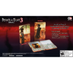 040198003773_02__072441785949593 - Video Game Depot Promo artwork for Attack on Titan 3 SteelBook Launch Edition with standing front/back cards against a red-dark background.