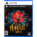 PS5 game case for The Midnight Walk with a red portal and surrounding monsters; orange title at bottom center.
