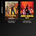 Two Duke Nukem posters side by side: left is 'Duke Nukem 1+2 Remastered' with Duke aiming a gun amid explosions; right is 'Duke Nukem 3D: Total Meltdown' with Duke standing over a monster against a fiery background.
