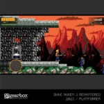 Side-scrolling pixel art screenshot of Duke Nukem 2 Remastered: player on the left fires a gun at blue-armored enemies in a rocky orange canyon fortress scene with a score in the corner.