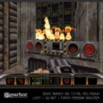 First-person shooter screenshot from Duke Nukem 3D: Total Meltdown showing a flame-thrower/energy game device firing flames at a wall; HUD visible at bottom with health, armor, ammo and items.