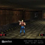 Blaze_Evercade_34_Duke_Nukem_2_Retail_Assets7 - Video Game Depot Third-person Duke Nukem stands in a dim underground tunnel, shotgun on back, facing a rusty wall with tracks and a distant console. HUD shows health 58 and ammo 45, Gearbox logo below.