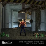 Blaze_Evercade_34_Duke_Nukem_2_Retail_Assets8 - Video Game Depot Third-person view of a muscular man in a red shirt and blue pants standing in a gritty industrial hallway, with a fallen figure on the floor to the right and warning striped beams overhead.