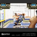 Blaze_Evercade_34_Duke_Nukem_2_Retail_Assets9 - Video Game Depot Pixel art from Duke Nukem Advance: two armed characters fire in a bright interior, hand visible at the edge as if in first-person view.