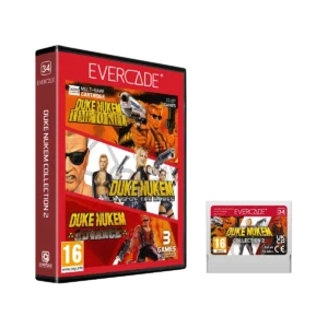 EVE-CART-DUK2-RTAIL - Video Game Depot Product image of Evercade Duke Nukem Collection 2 box with cartridge beside it, showing bold red packaging and game art