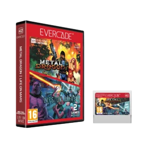 EVE-META-RTAIL - Video Game Depot Evercade box set with two-game artwork (Metal Dragon and Life on Mars) on a red cover, shown beside a cartridge poster design edge.