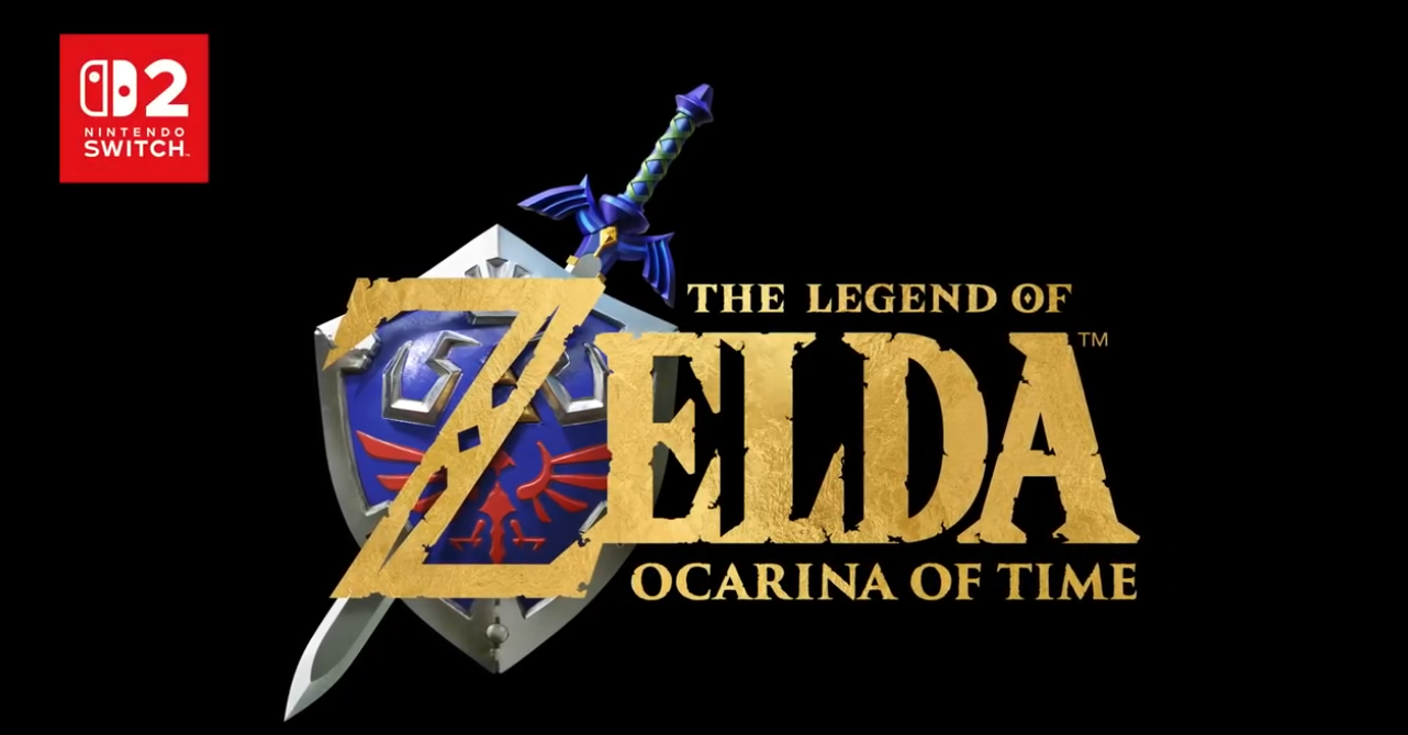 Promotional Nintendo Switch image showing The Legend of Zelda: Ocarina of Time logo with sword and shield on a black background, gold title text.