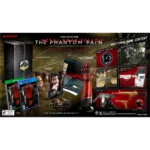 Promotional collage for Metal Gear Solid V: The Phantom Pain Collector’s Edition featuring game case, steelbook, behind-the-scenes Blu-ray, and collectible items like a red prosthetic arm and sniper gear, against a dark background.