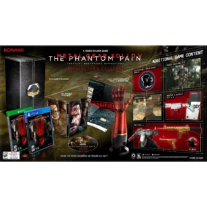 Promotional collage for Metal Gear Solid V: The Phantom Pain Collector’s Edition featuring game case, steelbook, behind-the-scenes Blu-ray, and collectible items like a red prosthetic arm and sniper gear, against a dark background.