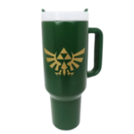 Green insulated travel mug with a white lid and a gold Hylian Crest logo on the front.