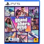 PS5 game cover for Grand Theft Auto V with a colorful collage and the GTA V logo central to the design.