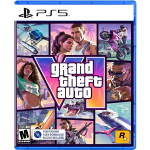 PS5 game cover for Grand Theft Auto V with a colorful collage and the GTA V logo central to the design.