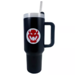 Black stainless-steel travel mug with a white lid and straw, featuring a red circular logo on the side.