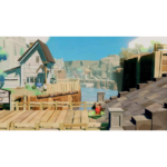 Cartoon-style game scene: two people paddling a green kayak along a wooden dock by a riverside village.