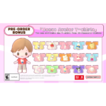Pre-order bonus banner with a large character on the left and rows of colorful avatar T-shirts on a pastel pink background.