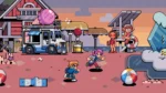 01_e04c437f-d635-4961-9202-488cf62f69c3 - Video Game Depot Two kids in a retro pixel-art beach setting fight in the foreground, with an ice-cream truck, pastel sunset, and seaside sculptures in the background.