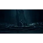Armored knight seated on a stone throne in a dark ruined chamber