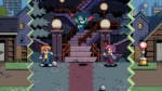02_af8af9f0-55c1-485b-9bc9-a5bb830db6d8 - Video Game Depot Three pixel-art characters stand on a split-screen stage: a boy left, a girl right, and a demon-like figure atop central stairs against a night city backdrop. The image is shown as a jagged-fractured panel split.