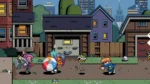 03_760a58a0-6826-4f2c-abca-aff3d300590e - Video Game Depot Pixel-art yard scene with kids playing: a girl with a bat on the left, a striped beach ball in the center, and a boy reaching forward on the right behind a turtle toy.