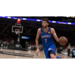 Basketball player in blue Oklahoma City Thunder uniform #7 dribbles down the court during a game.