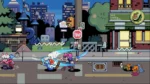 Pixel-art street battle at night: two fighters clash in the middle of a city street with energy effects and a knocked-back blue creature nearby.