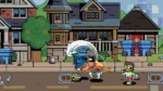 05_f3940723-e51e-4f3f-a11a-b80194fea185 - Video Game Depot Pixel-art fighting scene on a city street: two players collide mid-air as a white-haired character kicks, while a third character watches.