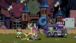 06_704b8f70-dfdc-4dfd-87b9-ef64ace50815 - Video Game Depot Pixel-art battle in a fantasy yard: two players attack a large purple armored truck near castle towers at night.
