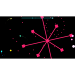 Abstract neon art: pink spokes radiating from a central point with square nodes on a black background.
