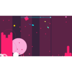 Abstract arcade game scene with vertical purple lanes, pink obstacles, and scattered colorful blocks.