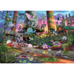 Vivid cartoon scene of a ruined factory overrun with vines, filled with many colorful whimsical creatures wandering the site.