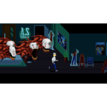 1c97201d-76c6-4f7f-83b3-fbb717635f7f__001641781803205 - Video Game Depot Pixel art scene: a man runs down a dark hallway as three red, multi-headed monsters loom from the left. Posters and chairs line the walls.
