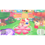Colorful in-game scene with cartoon characters in a garden, pink petal circle on the ground and UI showing player scores at the top left and right.