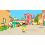 2127d2bd-0919-47d5-9218-33bd7cd914e7__068421782505427 - Video Game Depot Green cartoon creature in a yellow sweater walks down a sunny colorful town square with red building and trees in the background, thinking of a pink pet.