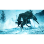 Player character fights a giant woolly mammoth in a frosty, snow-covered landscape with a spear in hand.