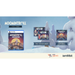 Promotional banner showing Moomintroll: Winter's Warmth bundle with PS5 game case, two sticker sheets, soundtrack download, and logos from Hyper Games and iam8bit (wintery background).