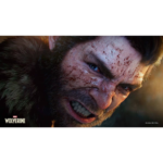 Close-up of a furious, blood-splattered Wolverine snarling at the viewer, with the Marvel Wolverine logo visible.