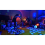 3b49d22b-67ae-41f2-b8f8-e47512db17fe__123791776786923 - Video Game Depot Futuristic, cluttered lab with blue/purple neon lighting, papers scattered on the floor, and a round cushioned pod chair among tech equipment.