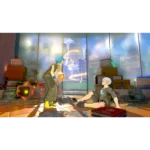 3cbabe58-b0ac-4dab-8843-f49bb6d8faab__520351776786943 - Video Game Depot Two characters in a cluttered futuristic room; a girl with blue hair leans toward a small round robot while a seated boy watches, surrounded by stacked boxes and papers.