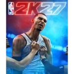 Basketball player in a white jersey celebrates with clenched fists on a red-blue neon 2K27 cover background.