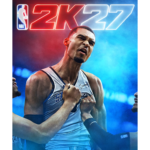 Basketball player in a light-blue jersey celebrates with teammates as neon 2K27 logo glows above in red and blue.