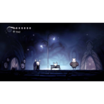 Three small horned creatures in a dark blue night scene, one seated on a bench between glowing street lamps.