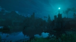 4565d8f3-6d80-4949-8298-563074bba147 - Video Game Depot Night scene of a ruined stone castle beside a reflective lake, with a dragon perched on a tower under a blue moonlit sky.