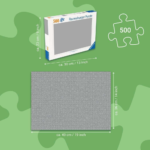 Ravensburger 500-piece puzzle box beside a gray puzzle, with dimensions: box about 30×23 cm and puzzle about 49×36 cm (19×14 in).