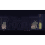 51NreHXU3yL_SL1280___742161774471839 - Video Game Depot Dark, ruined cathedral interior with a glowing yellow doorway on the right and knight statue silhouettes, candles, and overgrown ground.